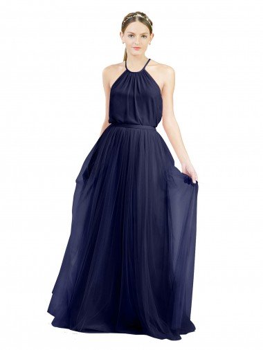 Affordable Long A-Line High Neck Halter Tulle Bridesmaid Dress