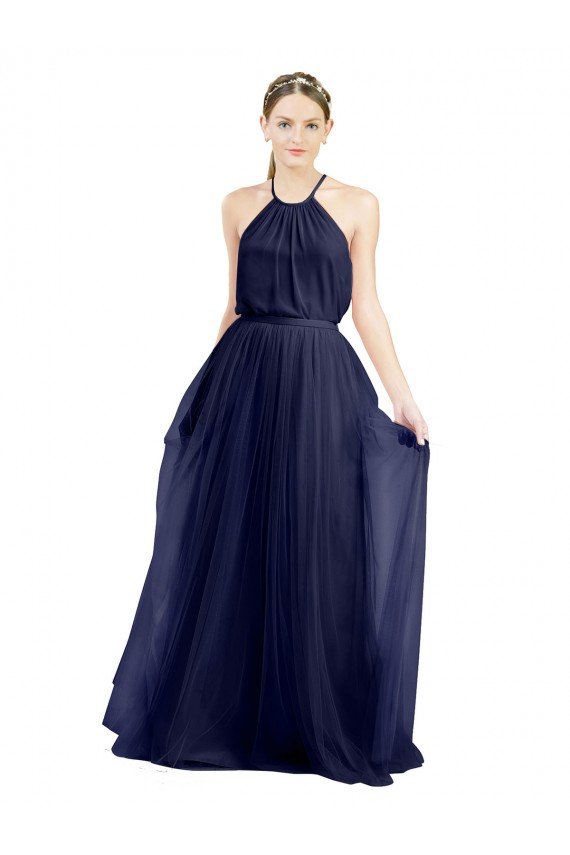 Affordable Long A-Line High Neck Halter Tulle Bridesmaid Dress