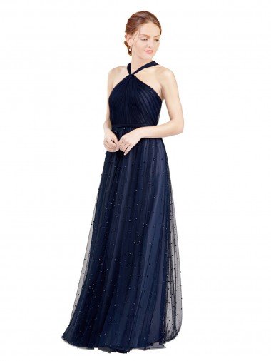Affordable Floor Length Long Halter Pleated Tulle Bridesmaid Dress