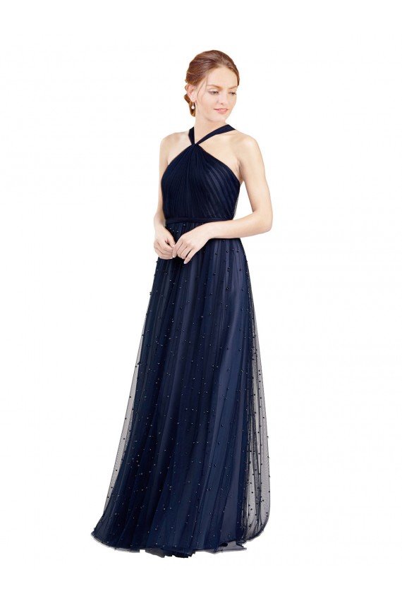 Affordable Floor Length Long Halter Pleated Tulle Bridesmaid Dress