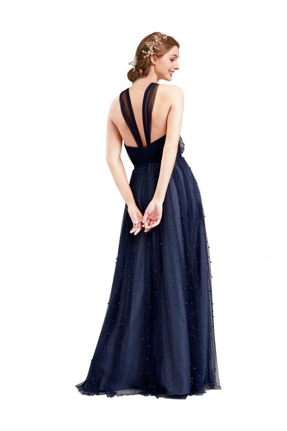Affordable Floor Length Long Halter Pleated Tulle Bridesmaid Dress