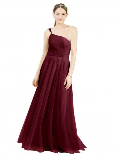 Affordable One Shoulder Floor Length Long Tulle Bridesmaid Dress