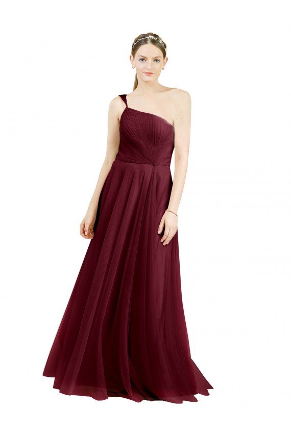 Affordable One Shoulder Floor Length Long Tulle Bridesmaid Dress