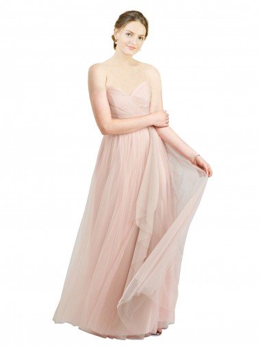 Affordable Long Floor Length Sweetheart Pleated Tulle Bridesmaid Dress