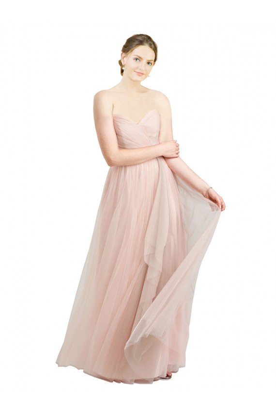 Affordable Long Floor Length Sweetheart Pleated Tulle Bridesmaid Dress