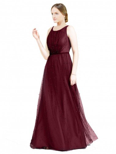 Affordable Sleeveless Boat Neck Long Pearl Tulle Bridesmaid Dress with Keyhole Back