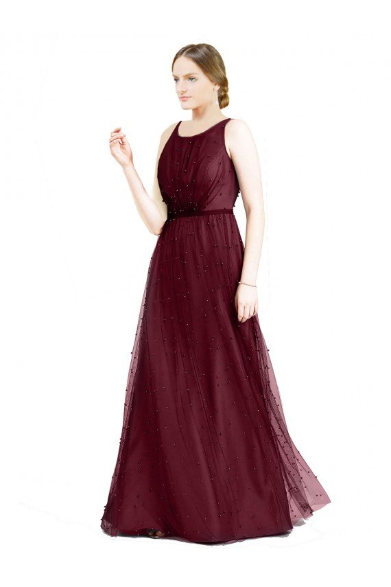 Affordable Sleeveless Boat Neck Long Pearl Tulle Bridesmaid Dress with Keyhole Back