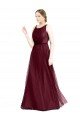 Affordable Sleeveless Boat Neck Long Pearl Tulle Bridesmaid Dress with Keyhole Back