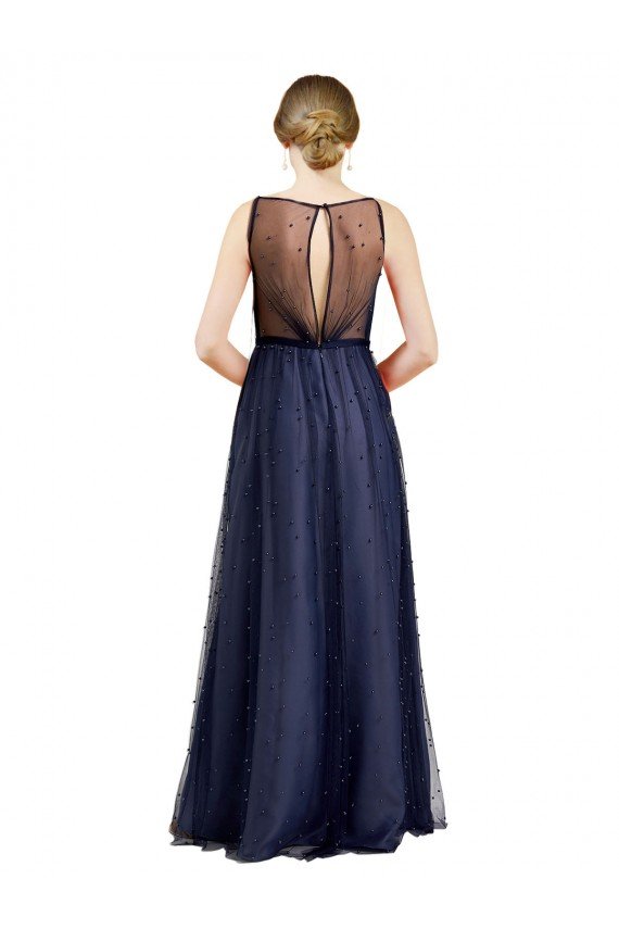 Affordable Sleeveless Boat Neck Long Pearl Tulle Bridesmaid Dress with Keyhole Back