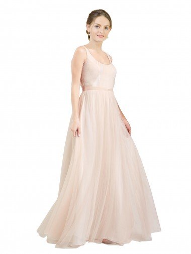 Affordable Scooped Neckline Long Tulle Bridesmaid Dress with Open Back