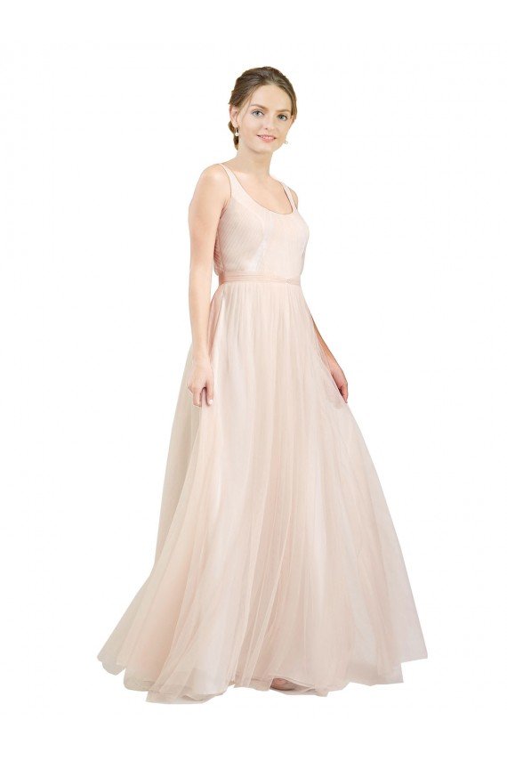 Affordable Scooped Neckline Long Tulle Bridesmaid Dress with Open Back