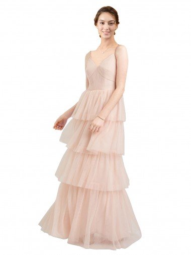 Affordable V-Neck A-Line Layered Long Tulle Bridesmaid Dress