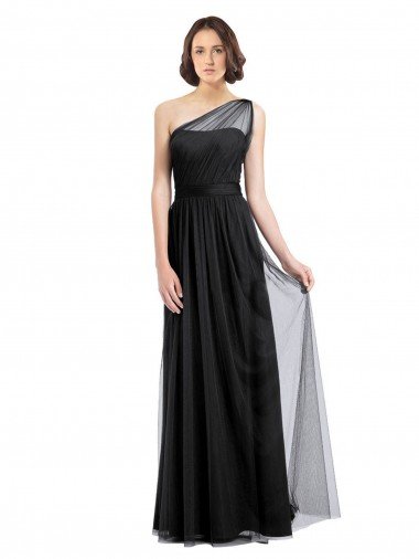 Affordable Ruched Long Soft Tulle Bridesmaid Dress with Sheer Netting Shoulder Strap