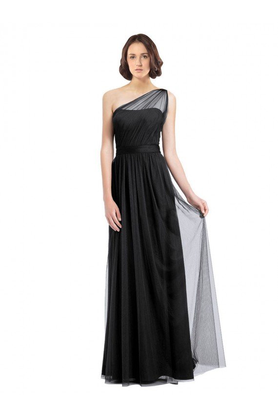 Affordable Ruched Long Soft Tulle Bridesmaid Dress with Sheer Netting Shoulder Strap