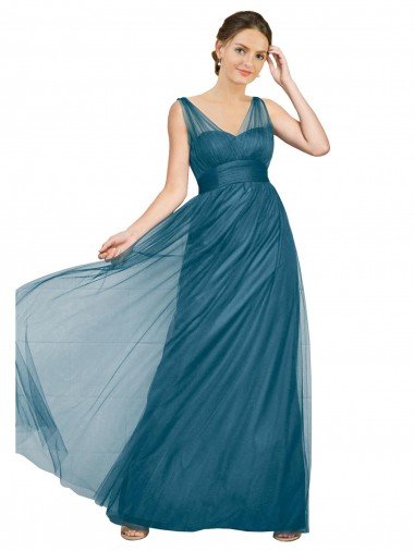 Affordable Long V-Neck Soft Tulle Bridesmaid Dress