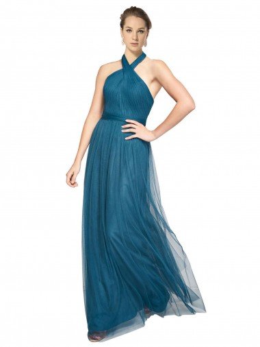 Affordable High Neck Halter Pleated A-Line Tulle Bridesmaid Dress
