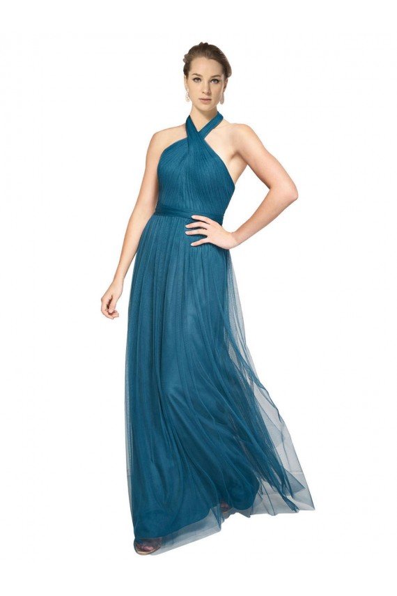 Affordable High Neck Halter Pleated A-Line Tulle Bridesmaid Dress