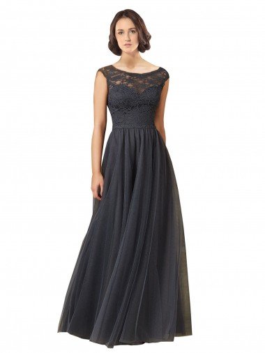 Affordable Long Bateau Tulle Bridesmaid Dress with Lace Bodice