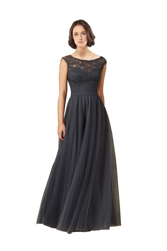 Affordable Long Bateau Tulle Bridesmaid Dress with Lace Bodice
