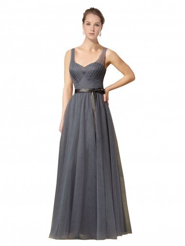 Affordable Sweetheart Long Tulle Bridesmaid Dress with Sash