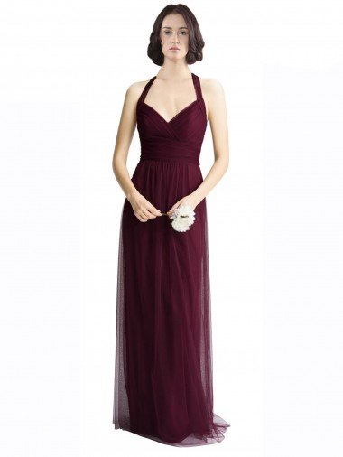 Affordable Long Tulle Bridesmaid Dress with Criss-Cross Bodice and Self Straps