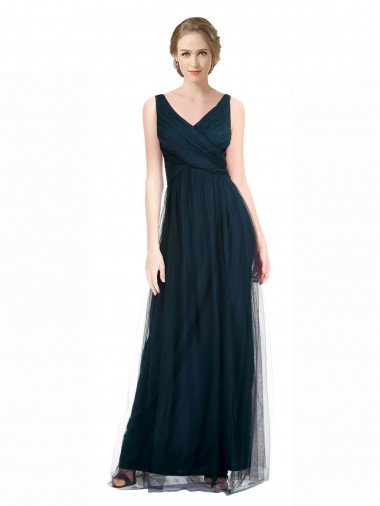 Affordable Full Length Long Tulle Bridesmaid Dress with V-Neck Criss-Cross Ruched Top