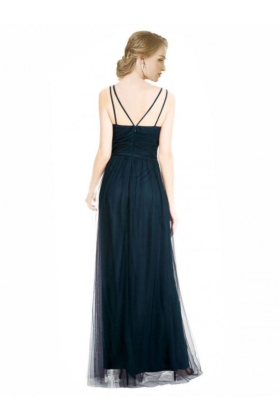 Affordable Full Length Long Tulle Bridesmaid Dress with V-Neck Criss-Cross Ruched Top
