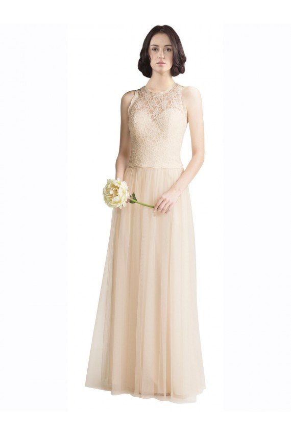 Affordable Full Length Tulle Bridesmaid Dress with Corded Lace Over Sweetheart Neckline