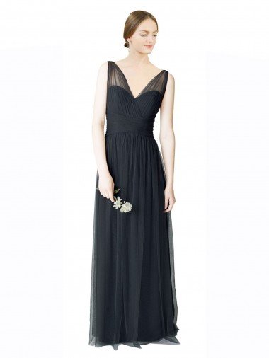 Affordable Long Tulle Bridesmaid Dress with Illusion Shoulder Straps and V-Back