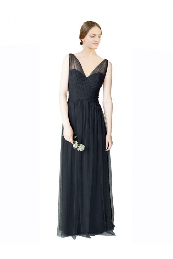 Affordable Long Tulle Bridesmaid Dress with Illusion Shoulder Straps and V-Back