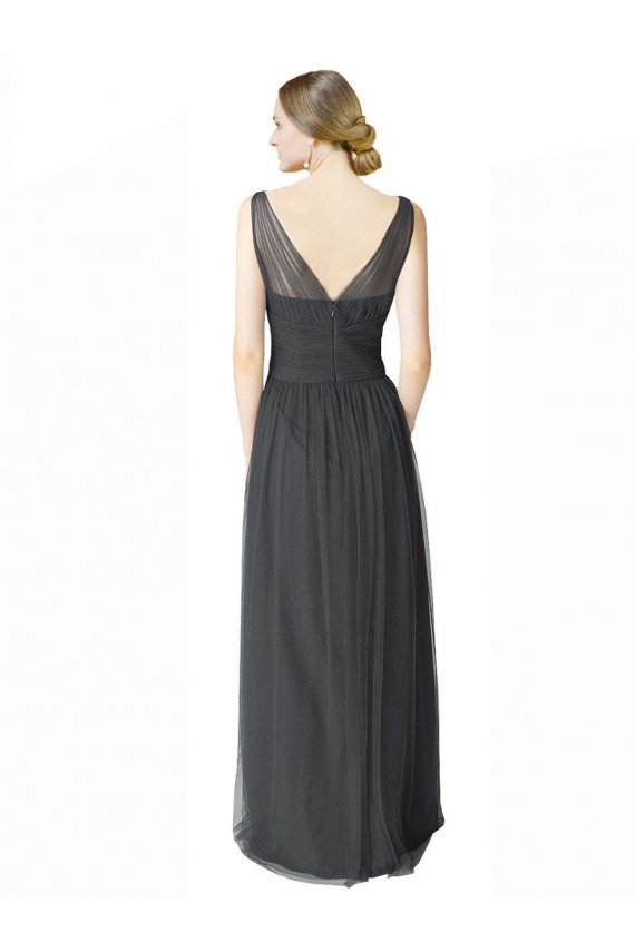 Affordable Long Tulle Bridesmaid Dress with Illusion Shoulder Straps and V-Back