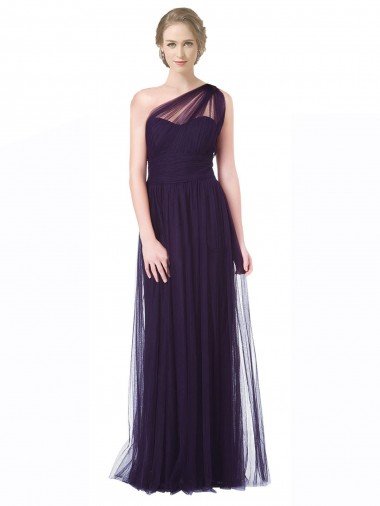Affordable One Shoulder Long Tulle Bridesmaid Gown with Sheer Netting Strap