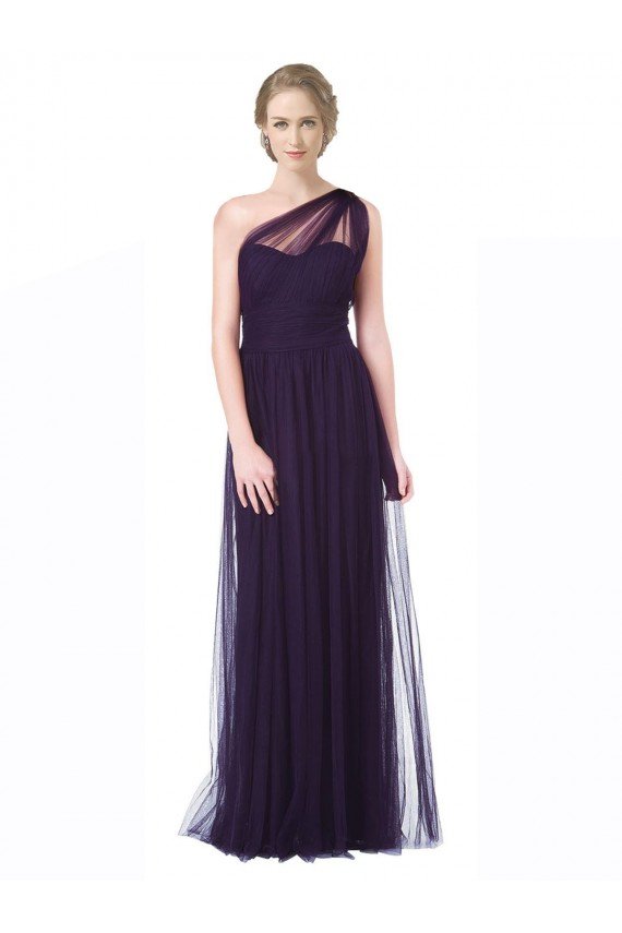 Affordable One Shoulder Long Tulle Bridesmaid Gown with Sheer Netting Strap