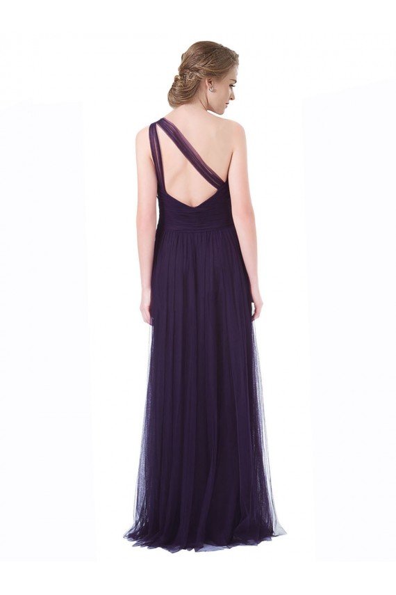 Affordable One Shoulder Long Tulle Bridesmaid Gown with Sheer Netting Strap