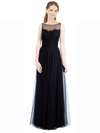 Affordable Full Length Tulle Bridesmaid Dress with Lace Bodice and Soft Tulle Illusion Top