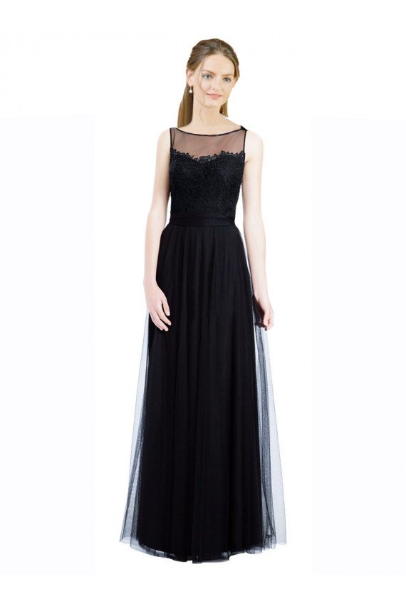 Affordable Full Length Tulle Bridesmaid Dress with Lace Bodice and Soft Tulle Illusion Top