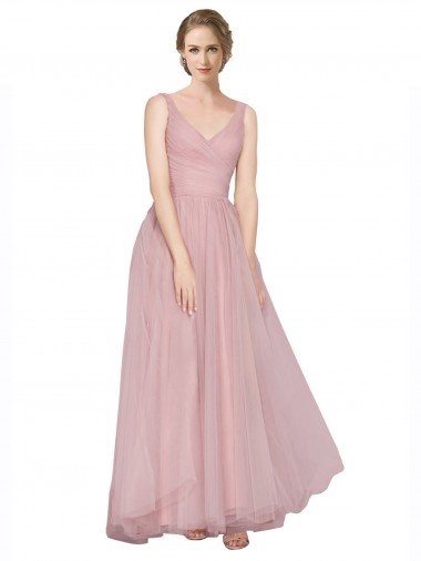 Affordable Long Floor Length Wide Strap Plunge Cross Over Neckline Tulle Bridesmaid Dress