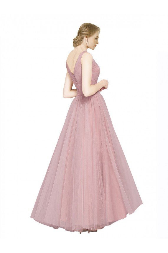 Affordable Long Floor Length Wide Strap Plunge Cross Over Neckline Tulle Bridesmaid Dress