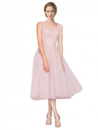 Affordable Short Tea Length Wide Strap Plunge Cross Over Neckline Tulle Cocktail Bridesmaid Dress