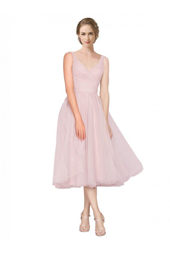 Affordable Short Tea Length Wide Strap Plunge Cross Over Neckline Tulle Cocktail Bridesmaid Dress