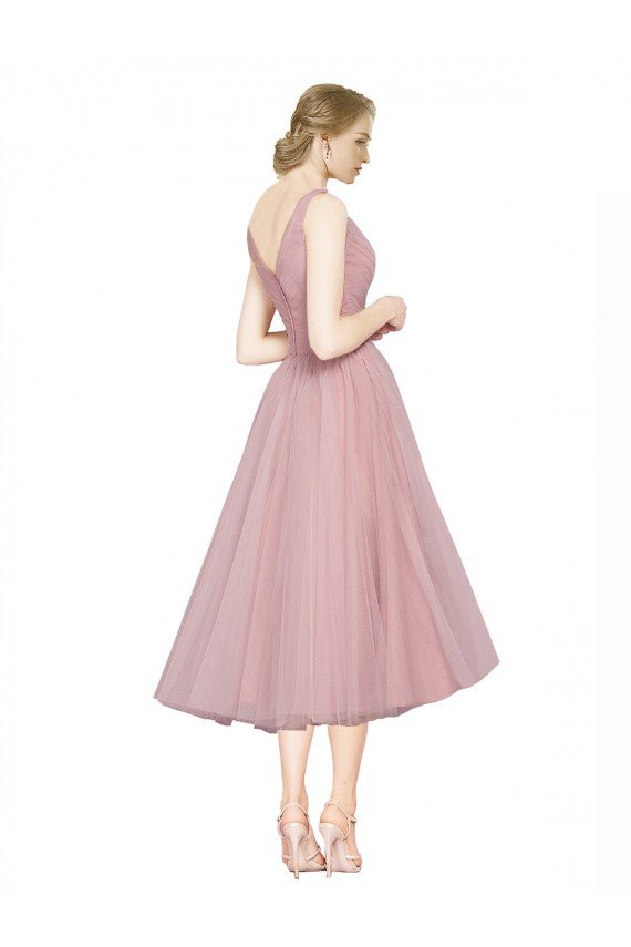 Affordable Short Tea Length Wide Strap Plunge Cross Over Neckline Tulle Cocktail Bridesmaid Dress