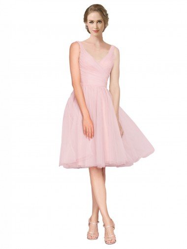 Affordable Short Knee Length Wide Strap Plunge Cross Over Neckline Tulle Cocktail Bridesmaid Dress