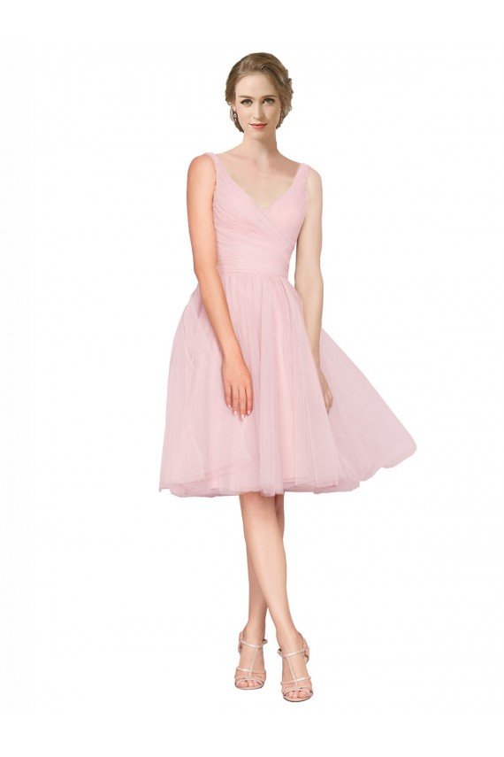 Affordable Short Knee Length Wide Strap Plunge Cross Over Neckline Tulle Cocktail Bridesmaid Dress