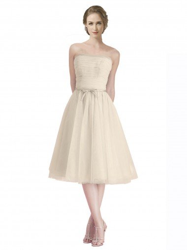 Affordable Strapless Short Cocktail Length Tulle Cocktail Bridesmaid Dress with Pleats