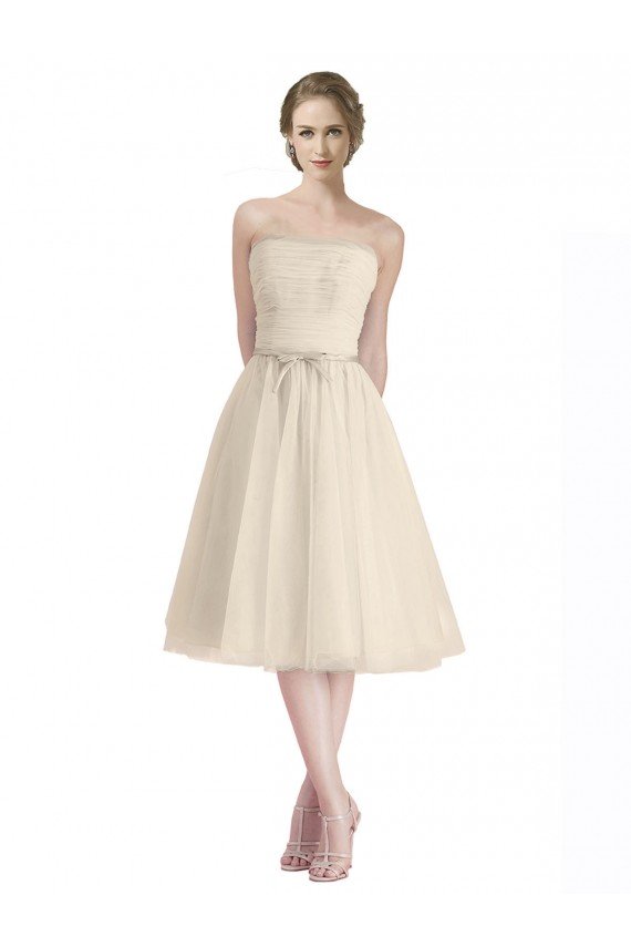 Affordable Strapless Short Cocktail Length Tulle Cocktail Bridesmaid Dress with Pleats