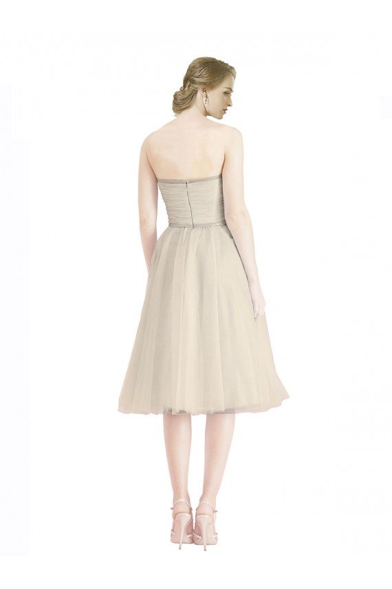 Affordable Strapless Short Cocktail Length Tulle Cocktail Bridesmaid Dress with Pleats