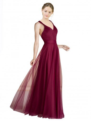 Affordable Long Sweetheart Tulle Bridesmaid Dress with Straps and Criss Cross Back