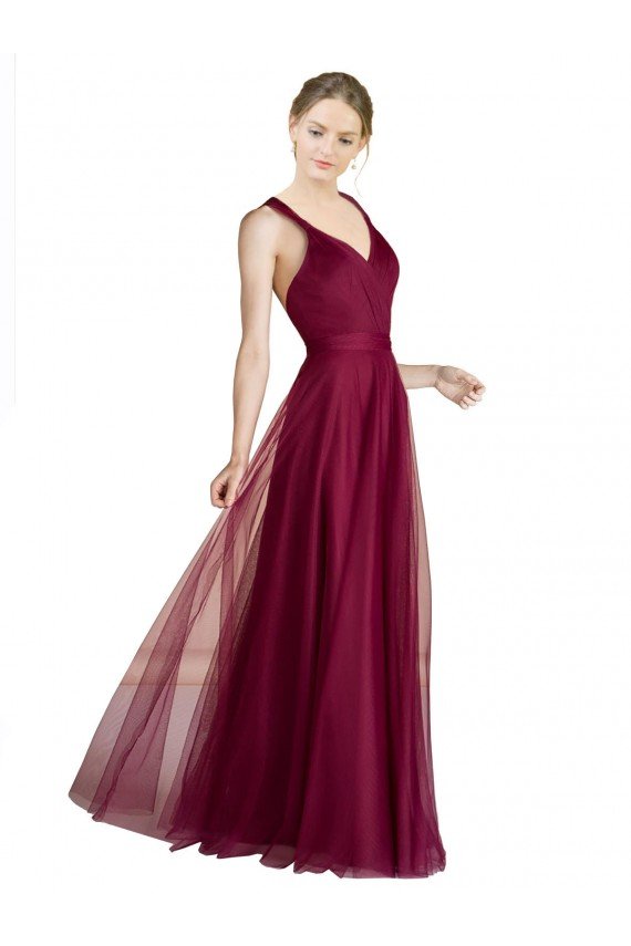 Affordable Long Sweetheart Tulle Bridesmaid Dress with Straps and Criss Cross Back