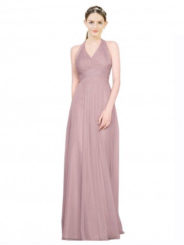 Affordable Ruffled Halter V-Neck Long Tulle Bridesmaid Dress with Pleats