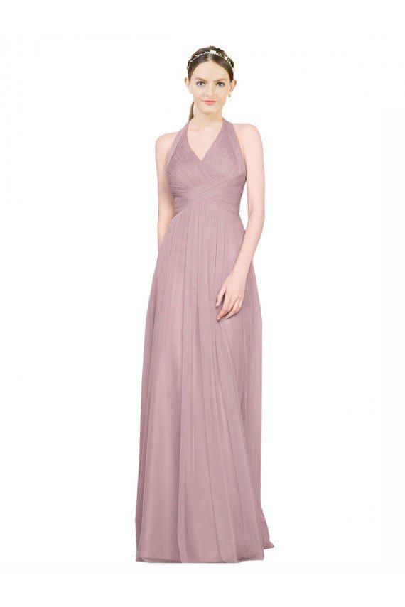 Affordable Ruffled Halter V-Neck Long Tulle Bridesmaid Dress with Pleats